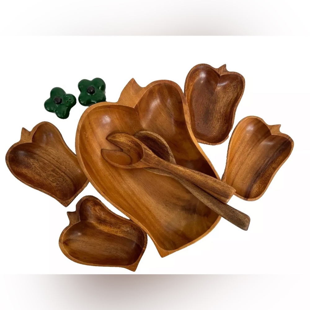 Vintage Monkey Bell Pepper Acacia Wood Salad Chip Dip Bowl Set Salt & Pepper